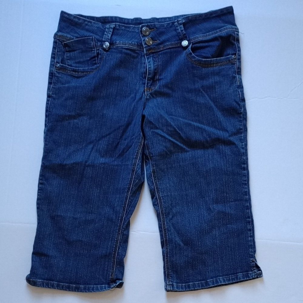 Size 18 OutJeans - Medium Wash Mid-Rise Capri Embroidered Stretch Blue Jeans